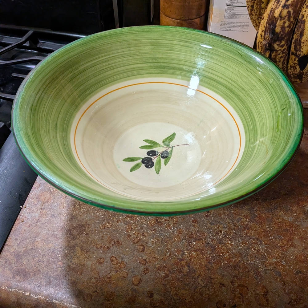 Green and Cream Ceramic Bowl with Olive Design
